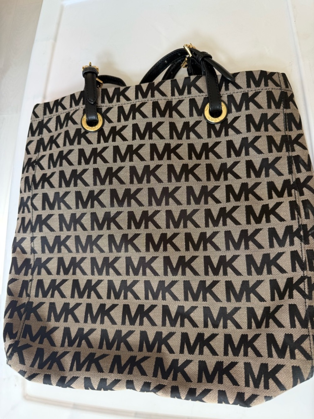 Michael Kors Beige and Black MK Logo Canvas Tote with Gold Hardware